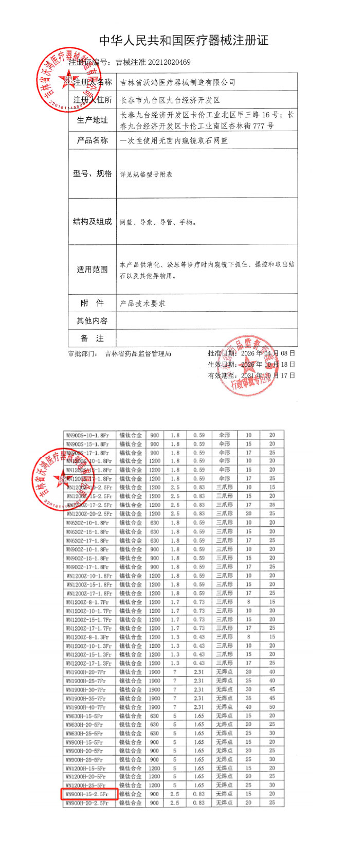 沃鸿 一次性使用无菌内窥镜取石网篮 WN900H-15-2.5Fr详情图片 2